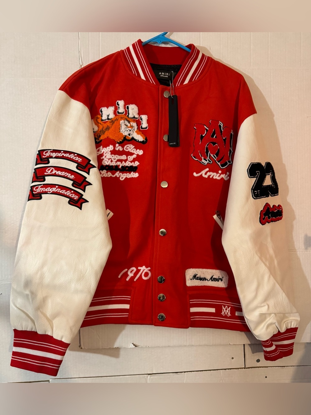 AMIRI Men’s Red Varsity Jacket with Logo Patch, Tiger Design Mens Size XL NWT